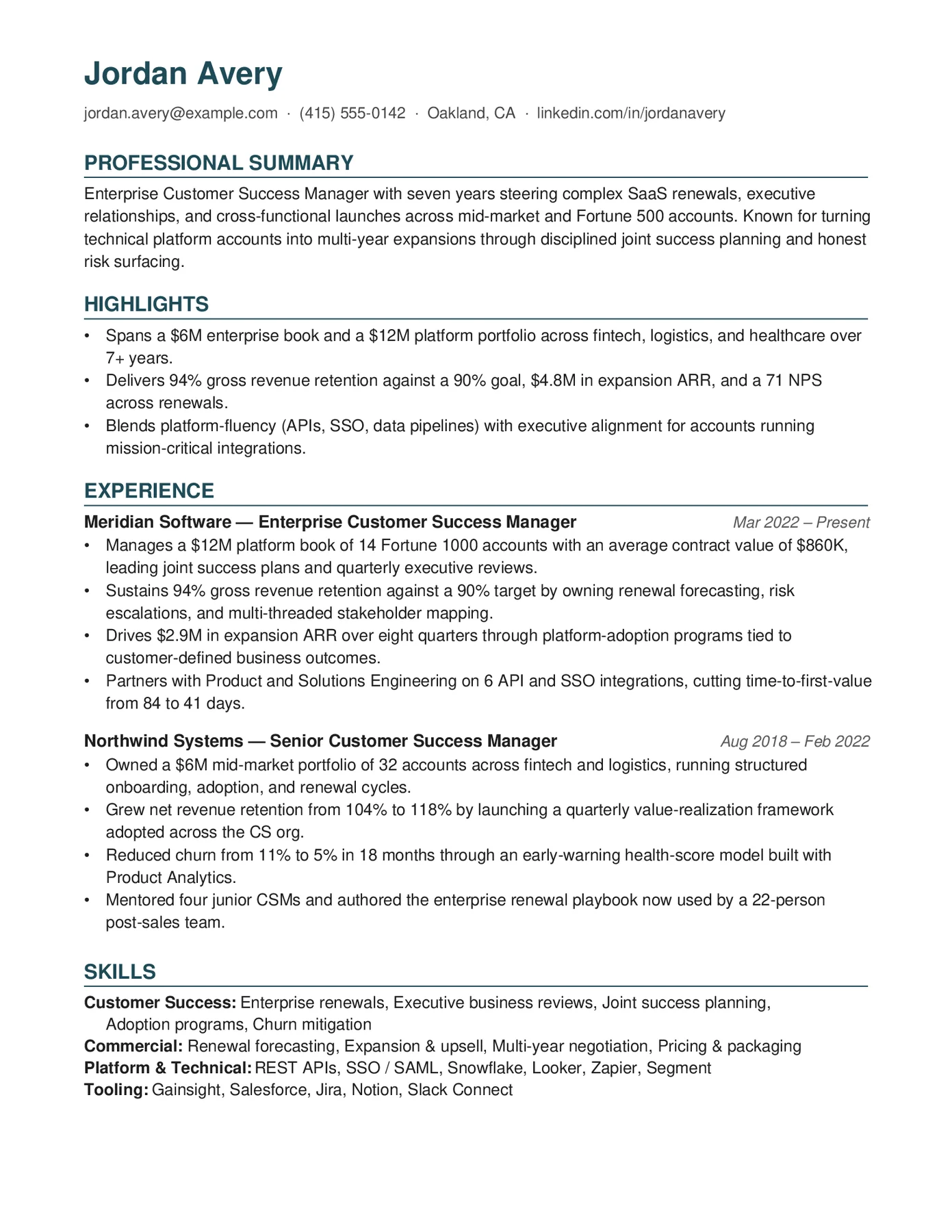 First page of a sample tailored résumé rendered by Throughline — teal name and section headings, right-aligned dates, three highlights, categorized skills.